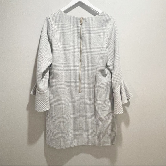 SAIL TO SABLE Women’s Gray Ivory Plaid Bell Sleeve Wool Blend Dress Lined Sz 14 - Picture 4 of 8
